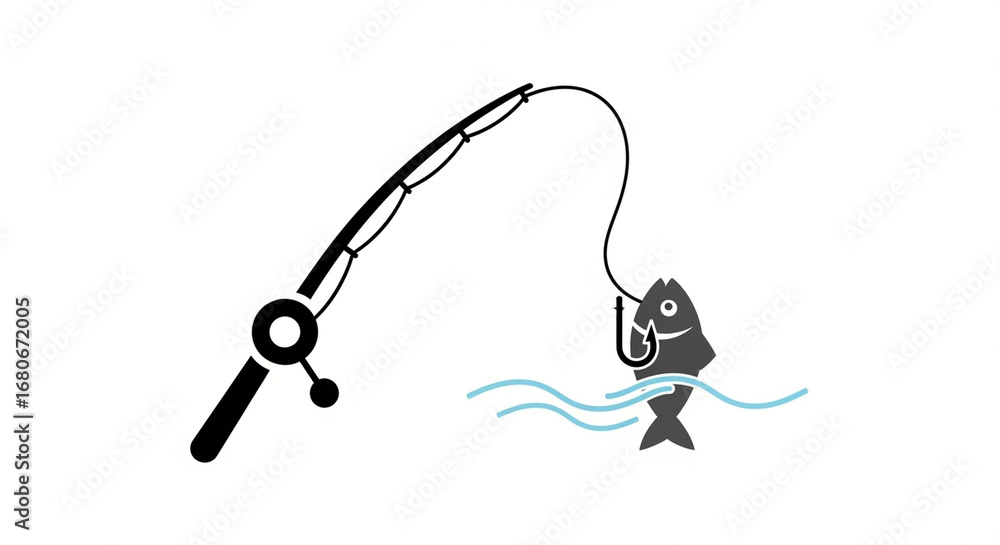 Obraz premium Fishing rod catching fish minimalist illustration