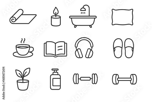 Home Self-Care Icons. Outline icon set of self-care at home: yoga mat, candle, bathtub, pillow, tea cup, book,