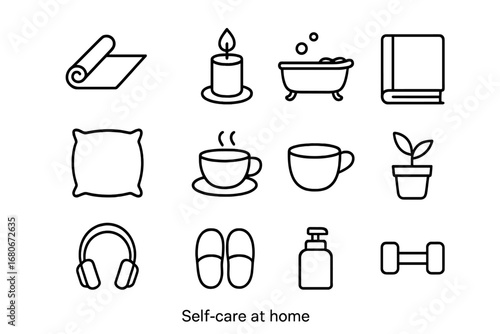 Home Self-Care Icons. Outline icon set of self-care at home: yoga mat, candle, bathtub, pillow, tea cup, book,