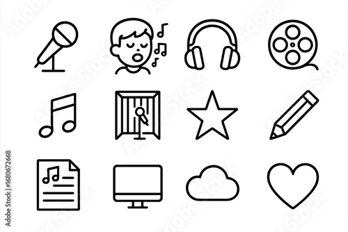 Singing Icon Set. Outline icon set of singing for animations: microphone, cartoon character, headphones, film