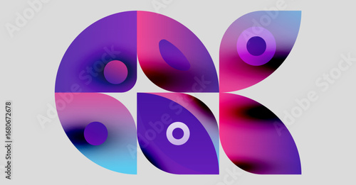 Abstract floral design. Overlapping colorful shapes create petal like forms. Gradient hues, purple, pink, blue dominate composition. Modern aesthetic.