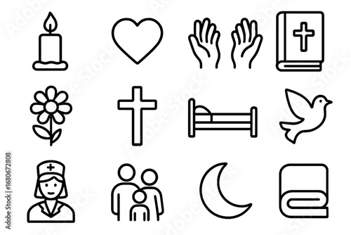 End-of-Life Icon Set. Outline icon set of end-of-life support: candle, heart, hands, prayer book, flower,