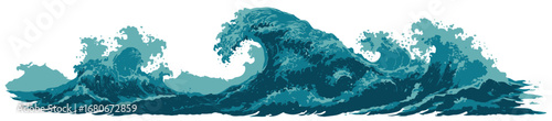 Sea waves. Storm in the ocean. Isolated vector illustration. Three grouped colors. Powerful ocean waves are crashing and splashing, creating white foam