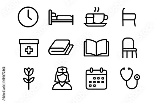 Hospice Routine Icons. Outline icon set of daily hospice routine: clock, bed, meal tray, tea cup, medicine box