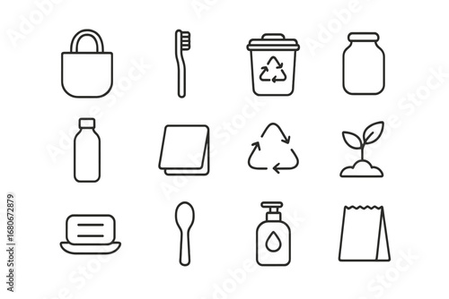 Zero Waste Icons. Outline icon set of zero waste living: reusable bag, bamboo toothbrush, compost bin, glass