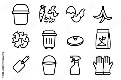 Home Composting Icons. Outline icon set of home composting: kitchen caddy, food peelings, eggshell, banana