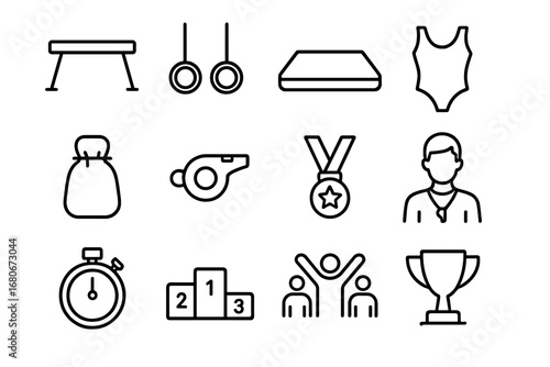School Gymnastics Icons. Outline icon set of school gymnastics: balance beam, rings, mat, leotard, chalk bag,