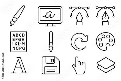 Digital Calligraphy Icons. Outline icon set of digital calligraphy: stylus pen, tablet, monitor, vector curve,