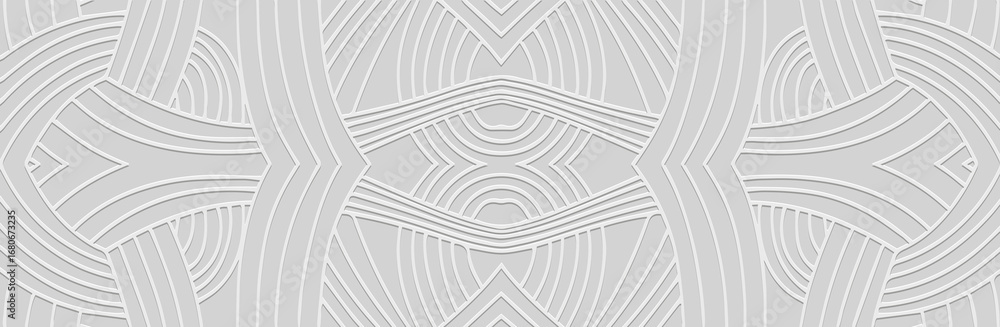 Naklejka premium Banner, cover design, fresco. Geometric ethnic linear 3D pattern on white background, embossing. Handmade style. Ornaments, arabesques, mandala of the East, Asia, India, Mexico, Aztecs, Peru.