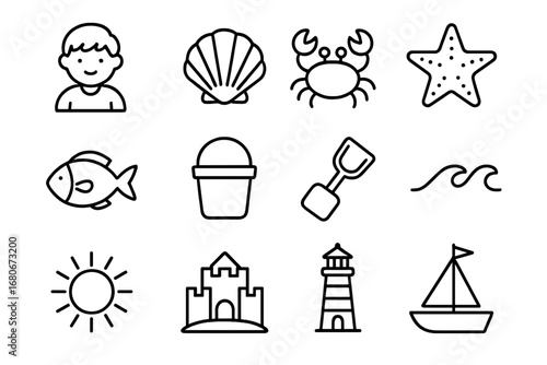 Seaside Exploration Icons. Outline icon set of seaside exploration: child, seashell, crab, starfish, fish,
