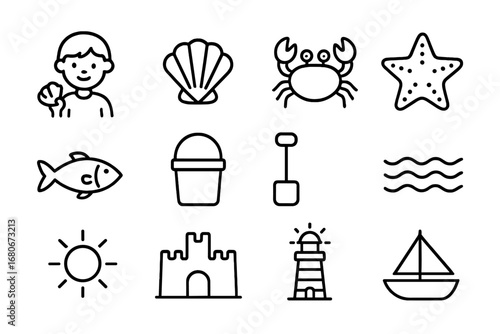 Seaside Exploration Icons. Outline icon set of seaside exploration: child, seashell, crab, starfish, fish,