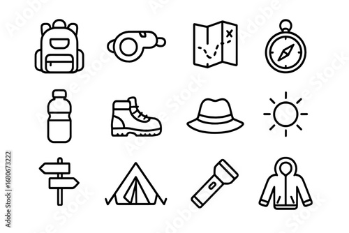 Kids Hiking Safety Icons. Outline icon set of hiking safety for kids: backpack, whistle, map, compass, water