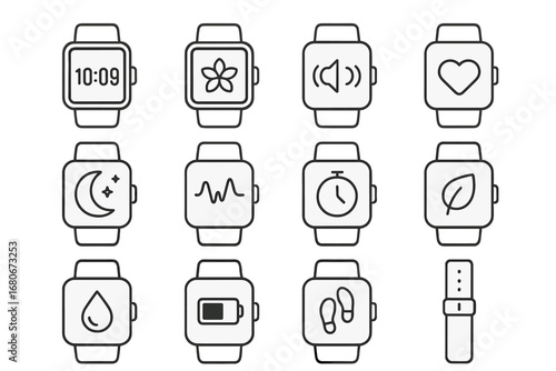 Smartwatch Relaxation Icons. Outline icon set of smartwatches for relaxation: digital watch face, breathing