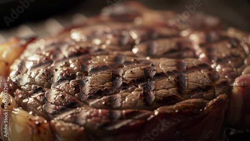 Close-up of a sizzling steak on a grill