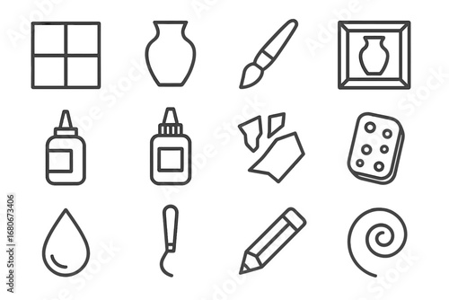 Ceramic Art Icons. Outline icon set of ceramic art: ceramic tile, pottery, brush, color palette, glue, frame,