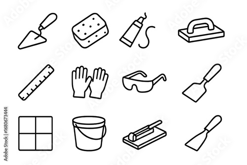 Tile Tools Icons. Outline icon set of tile installation tools: trowel, sponge, adhesive, grout tool, ruler,