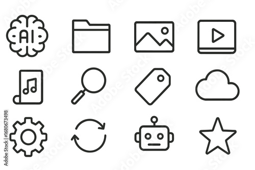 AI Asset Management Icons. Outline icon set of AI in asset management: AI brain, folder, image, video, audio,