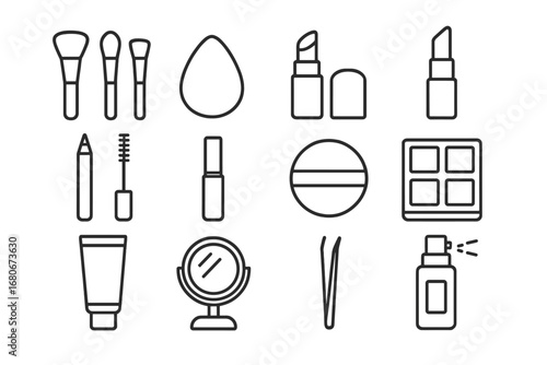 Makeup Tools Icons. Outline icon set of TV makeup artist tools: brush set, sponge, powder puff, lipstick,