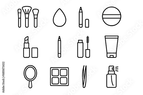 Makeup Tools Icons. Outline icon set of TV makeup artist tools: brush set, sponge, powder puff, lipstick,