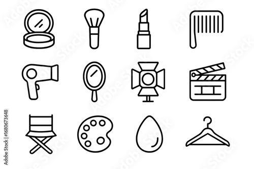 On-Camera Icon Set. Outline icon set of on-camera readiness: powder compact, brush, lipstick, comb, hairdryer,