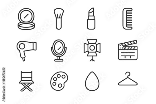 On-Camera Icon Set. Outline icon set of on-camera readiness: powder compact, brush, lipstick, comb, hairdryer,