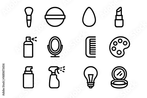 Makeup Icon Set. Outline icon set of live show touch-ups: brush, powder puff, sponge, lipstick, hairspray,