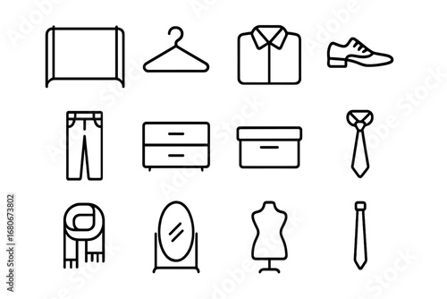 Stylish Closet Icons. Outline icon set of stylish closet: rack, hanger, folded shirt, shoes, pants, drawer,