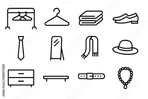 Boutique Closet Icons. Outline icon set of boutique closet: rack, hanger, folded clothing, shoes, tie, mirror,