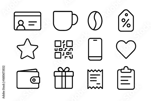 Café Membership Icons. Outline icon set of café membership: membership card, coffee mug, bean, discount tag,