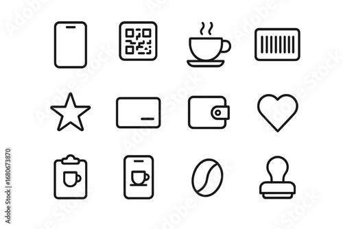 Coffee Card Icon Set. Outline icon set of digital coffee card: smartphone, QR code, coffee cup, barcode, star,