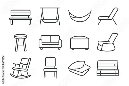 Garden Seating Icons. Outline icon set of garden seating: bench, swing, hammock, lounge chair, stool, sofa,