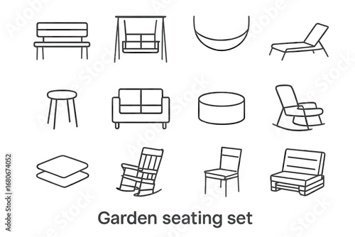 Garden Seating Icons. Outline icon set of garden seating: bench, swing, hammock, lounge chair, stool, sofa,