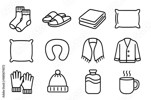 Comfort Accessories Icons. Outline icon set of comfort accessories: fuzzy socks, slippers, blanket, pillow,