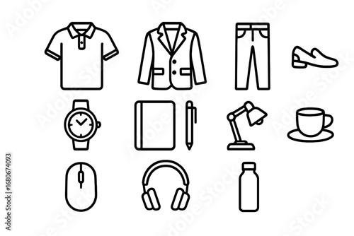 Home Office Essentials. Outline icon set of home office style: polo shirt, blazer, jeans, loafers, watch,