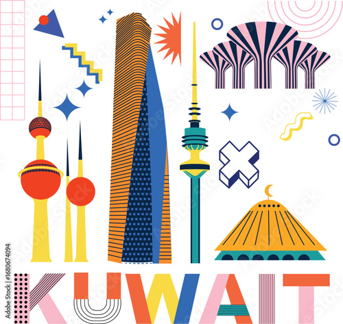 Kuwait culture travel set, famous architectures, specialties in flat design. Memphis business travel and tourism concept clipart. Image for presentation, banner, website, advert, flyer, roadmap, icons