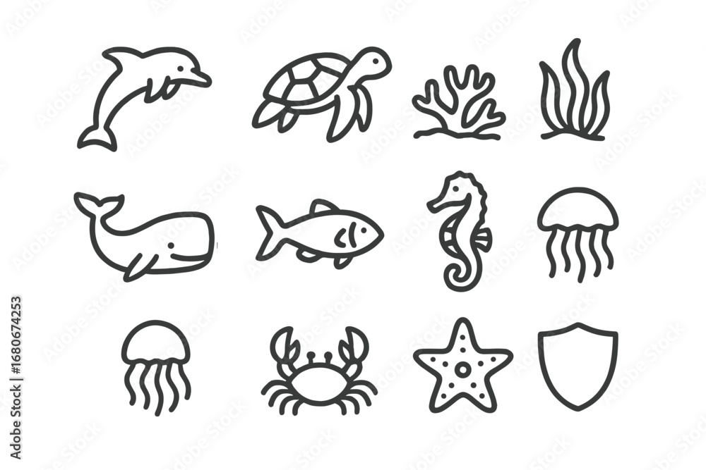 Fototapeta premium Marine Life Icons. Outline icon set of marine life protection: dolphin, turtle, coral reef, seaweed, whale,