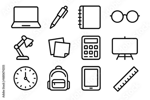 Study Tools Icons. Outline icon set of study tools abroad: laptop, pen, notebook, glasses, desk lamp, sticky