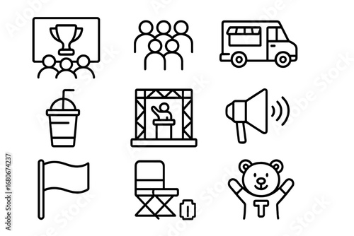 Fan Zone Icon Set. Outline icon set of fan zone experience: big screen, crowd, food truck, drink cup, stage,