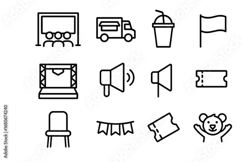 Fan Zone Icon Set. Outline icon set of fan zone experience: big screen, crowd, food truck, drink cup, stage,