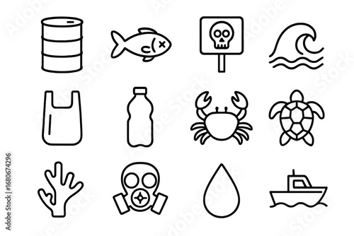 Marine Pollution Icons. Outline icon set of marine pollution awareness: oil barrel, dead fish, skull sign,
