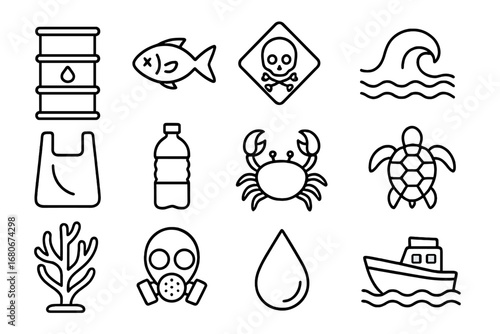 Marine Pollution Icons. Outline icon set of marine pollution awareness: oil barrel, dead fish, skull sign,
