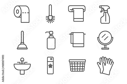 Toilet Accessories Icons. Outline icon set of toilet accessories: toilet paper roll, brush, holder, cleaning