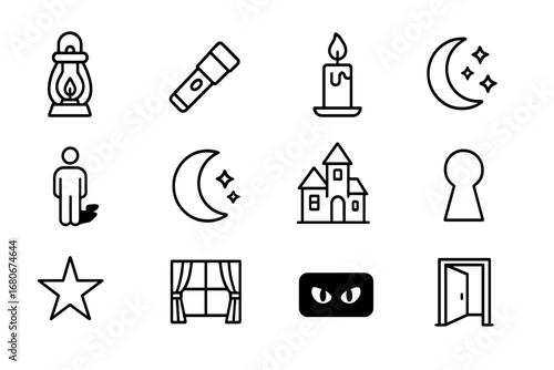 Icons of Darkness. Outline icon set of confronting darkness: lantern, flashlight, candle, night sky, shadow,