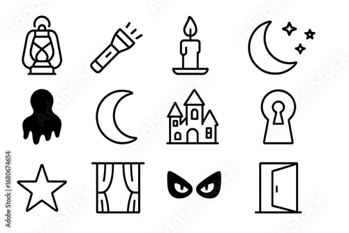 Icons of Darkness. Outline icon set of confronting darkness: lantern, flashlight, candle, night sky, shadow,