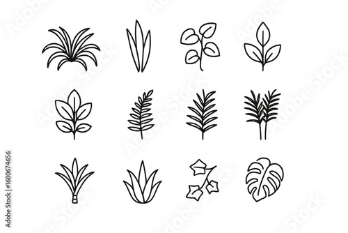 Air-Purifying Plant Icons. Outline icon set of air-purifying plants: spider plant, snake plant, pothos vine,