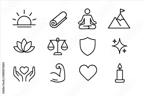 Inner Strength Icons. Outline icon set of finding inner strength: rising sun, yoga mat, meditation pose,