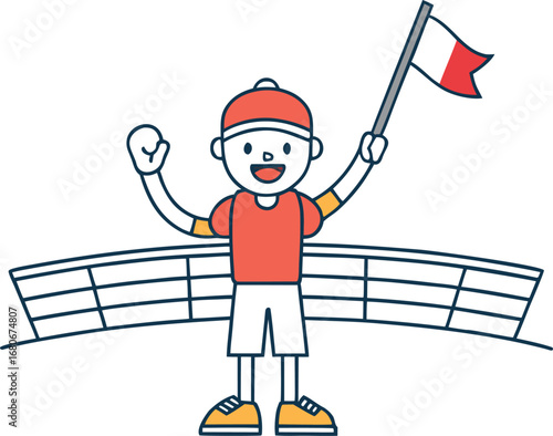 Excited Fan Waving National Flag at Stadium Cheering for Sports Event