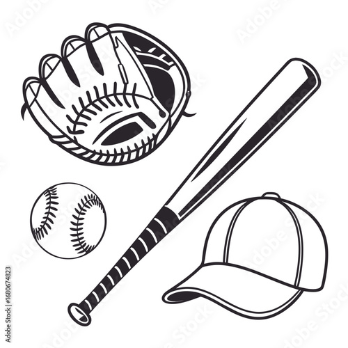 Baseball Equipment Including Glove Bat Ball and Cap in Black and White Outline sports game