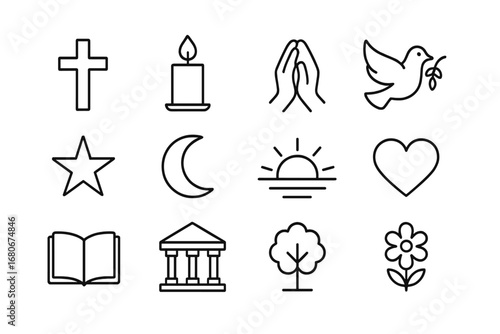 Spiritual Symbols Grid. Outline icon set of spiritual comfort: cross, candle, prayer hands, dove, star, moon,