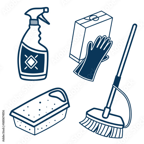 Cleaning Supplies Including Spray Bottle Sponge Box Gloves and Mop in Blue Outline hygiene household